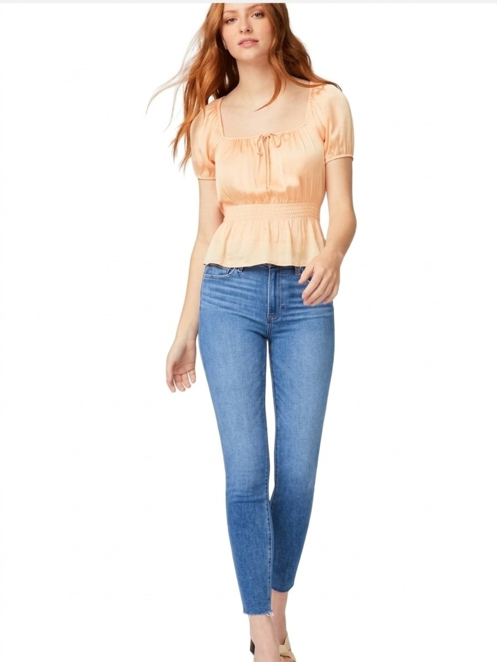PAIGE Peach Peplum Puff-Sleeve Blouse
